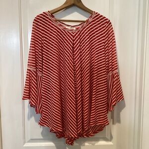 Red and White Asymmetrical 3/4 Sleeve Blouse